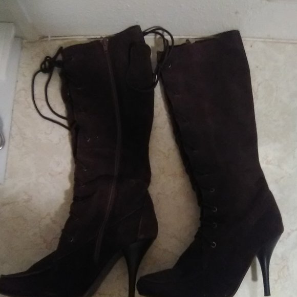 CAMI BROWN SUEDE KNEE HIGH HIGH HEEL BOOTS SIZE 6.5 - Picture 2 of 5